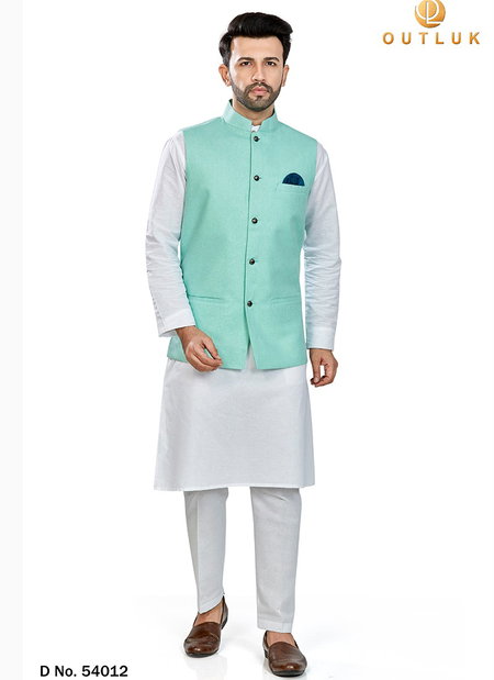 Sea Green Outluk Vol 54 Festive Wear Linen Blend Digital Print Kurta Pajama With Jacket Mens Collection 54012